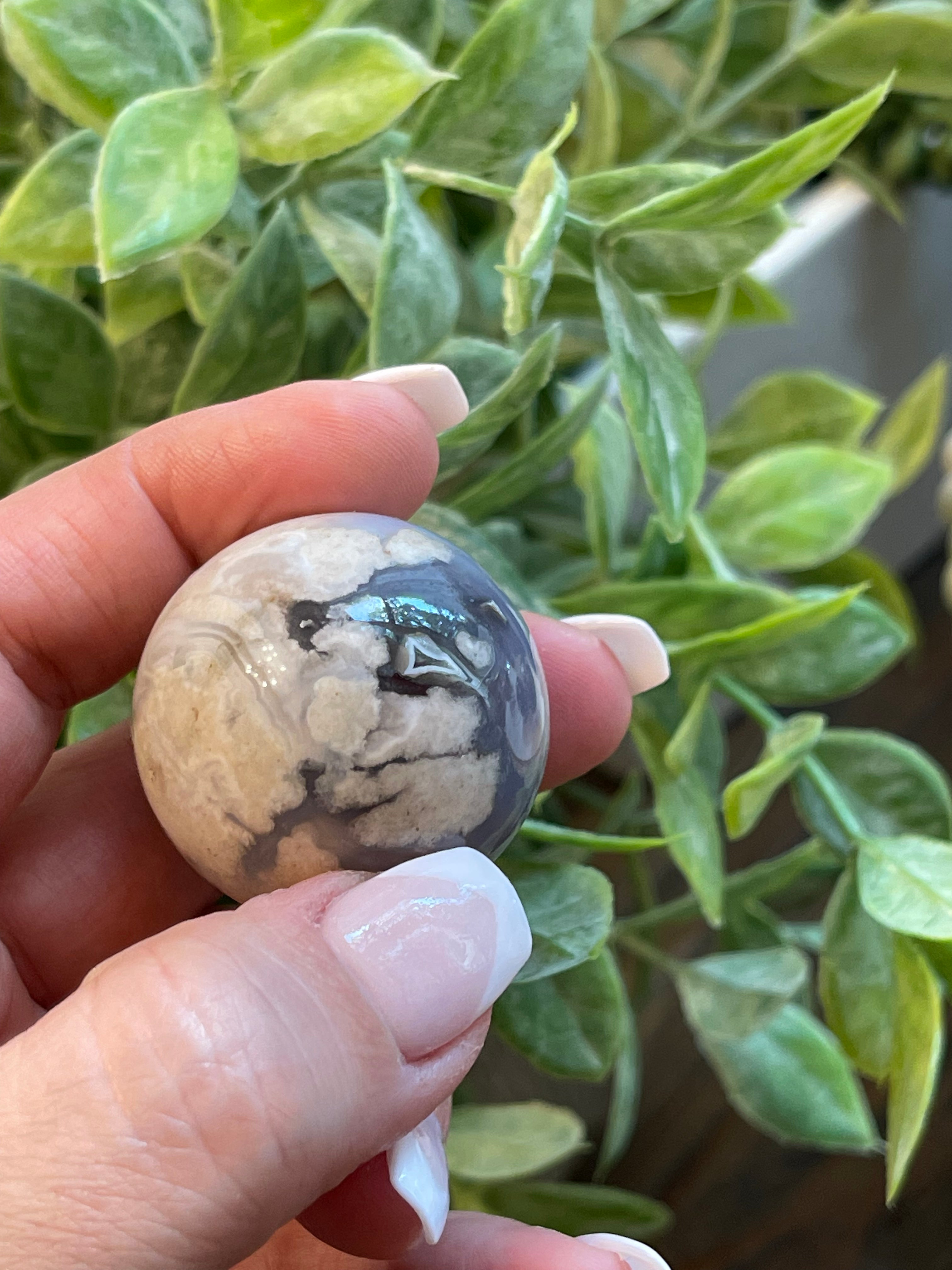 Black Flower Agate Sphere from Madagascar. 34.3mm