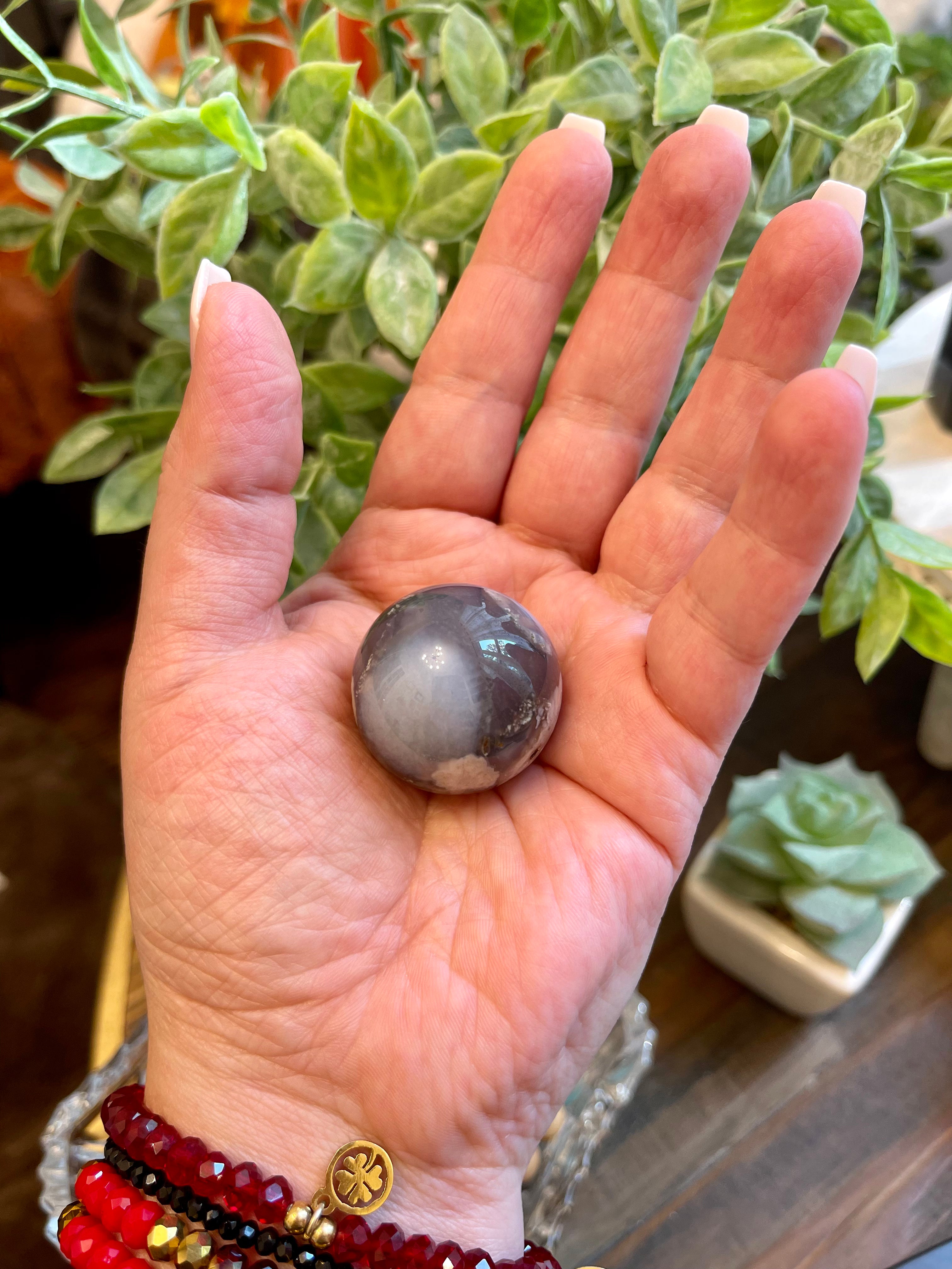 Black Flower Agate Sphere from Madagascar. 30.6mm