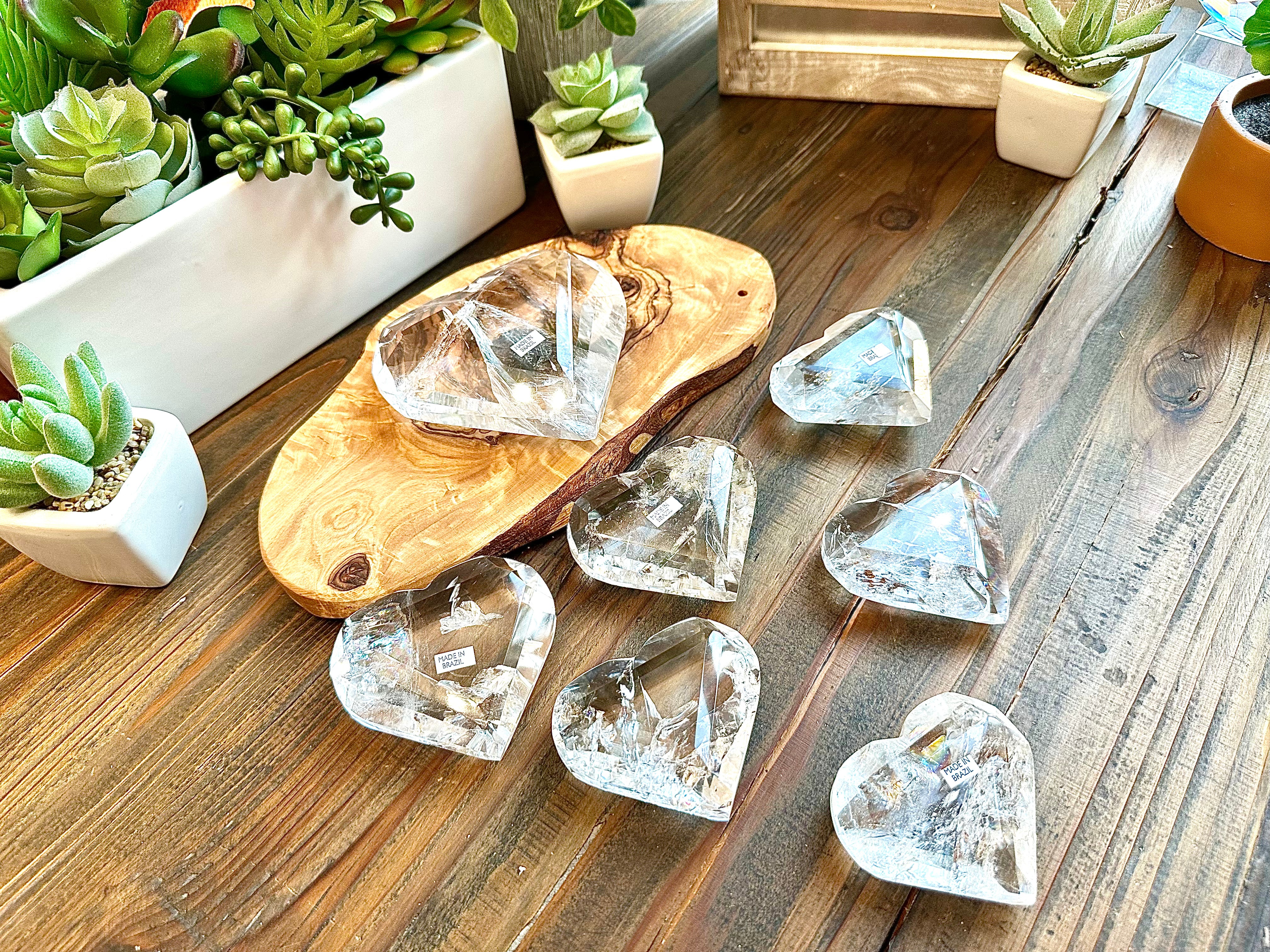 Quartz Polished Hearts with Rainbows from Brazil