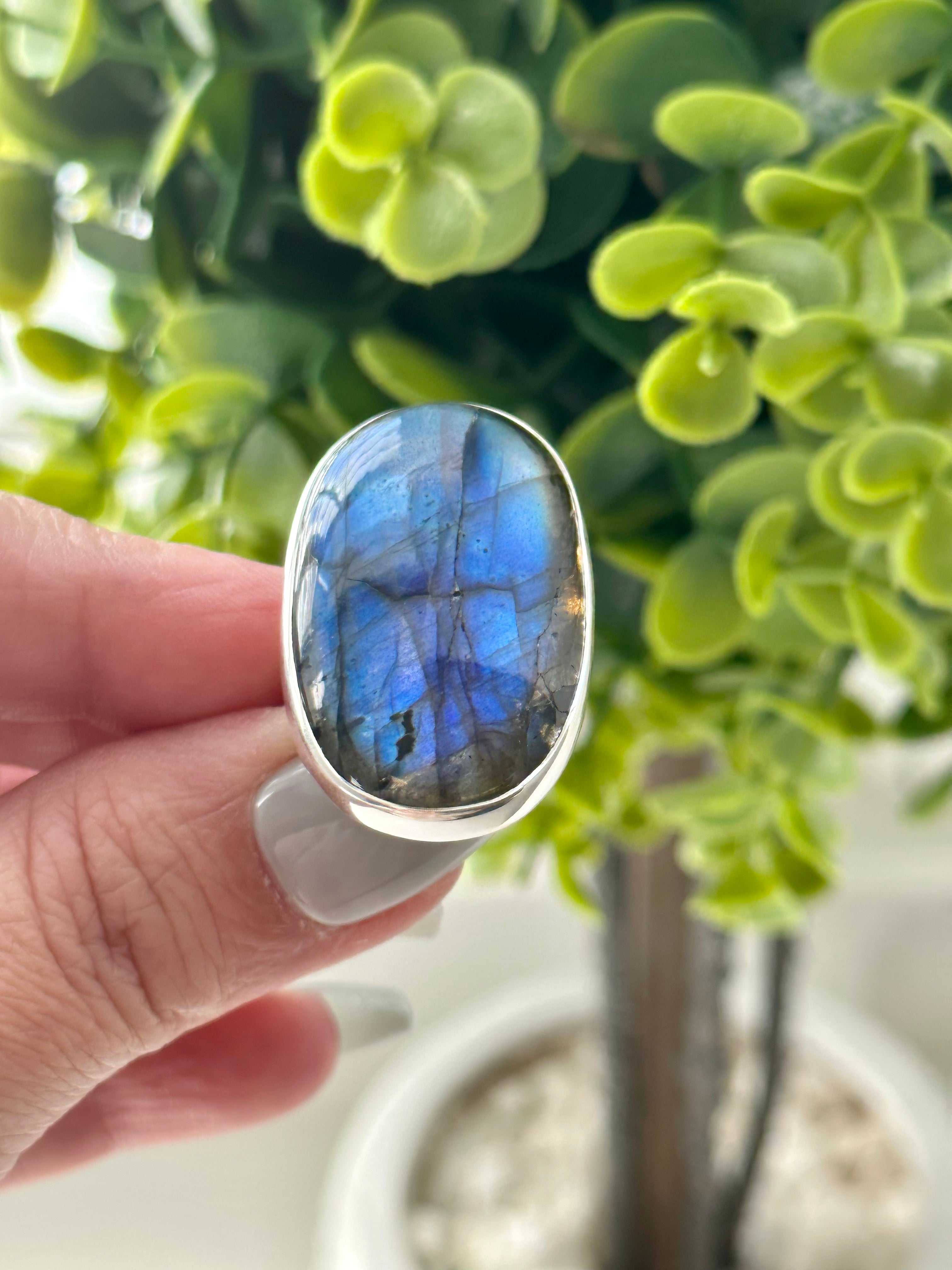 Large oval Blue Labradorite Adjustable Silver Ring