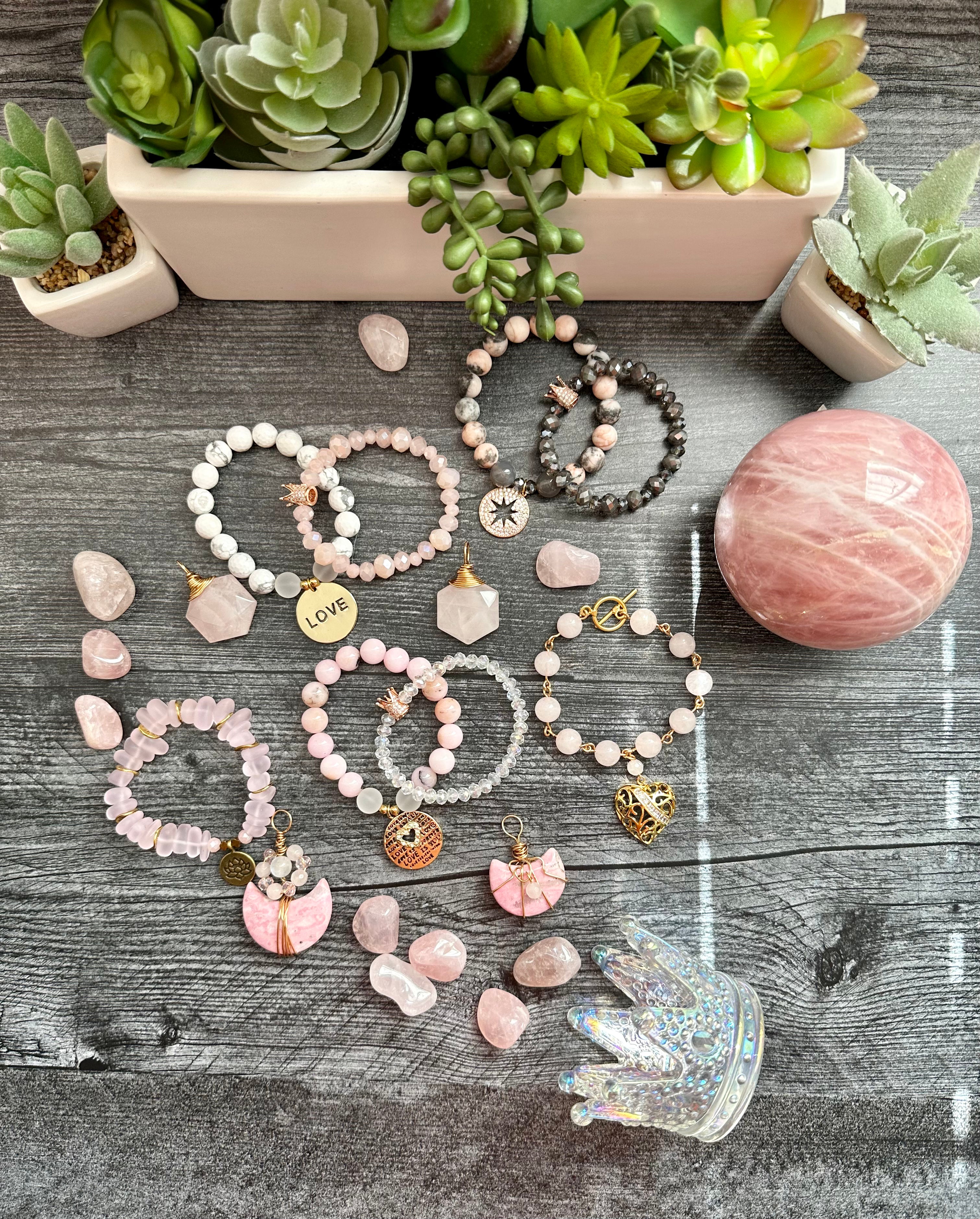 Stacked Crystal Beaded Bracelets in Pink and Grey tones