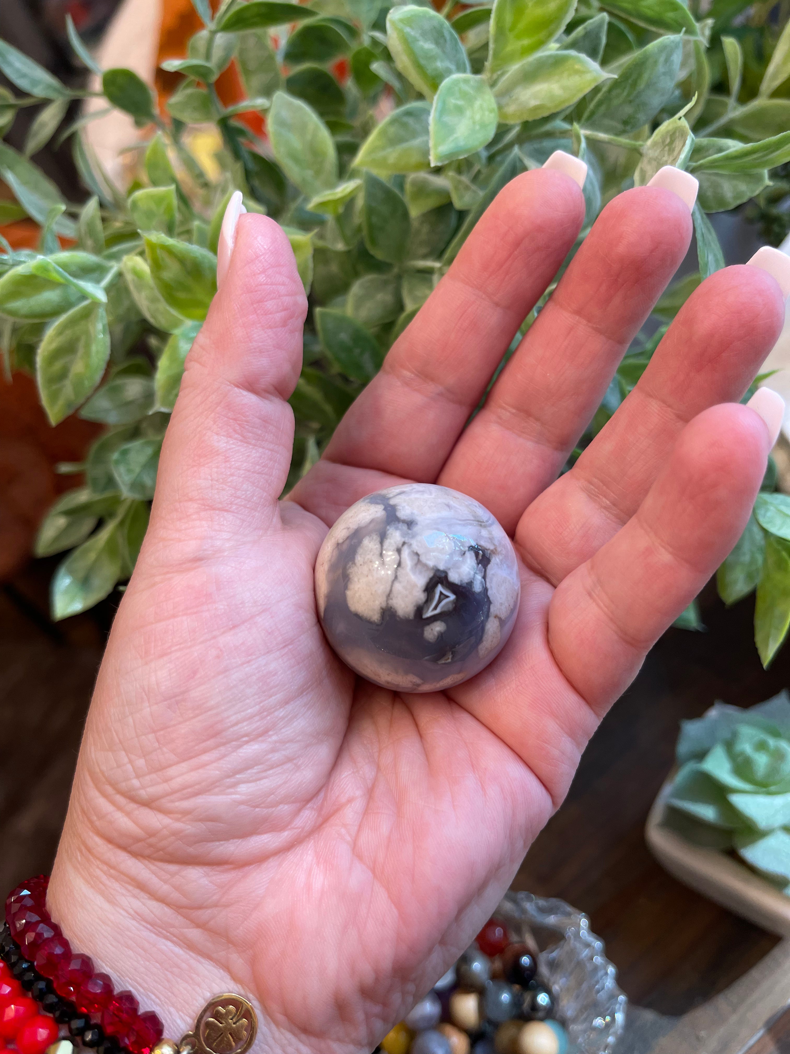 Black Flower Agate Sphere from Madagascar. 34.3mm