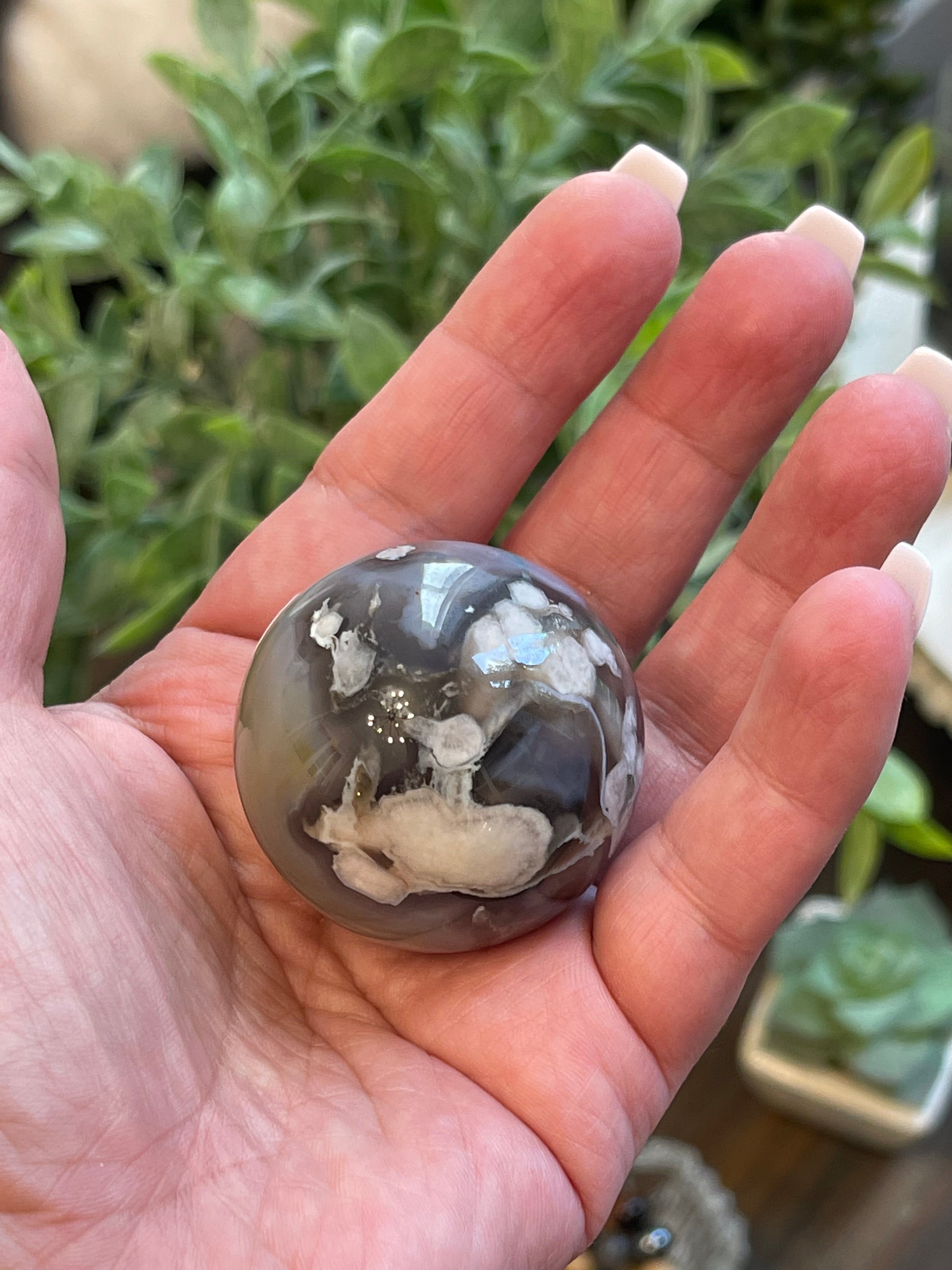 Black Flower Agate Sphere from Madagascar. 38.2mm