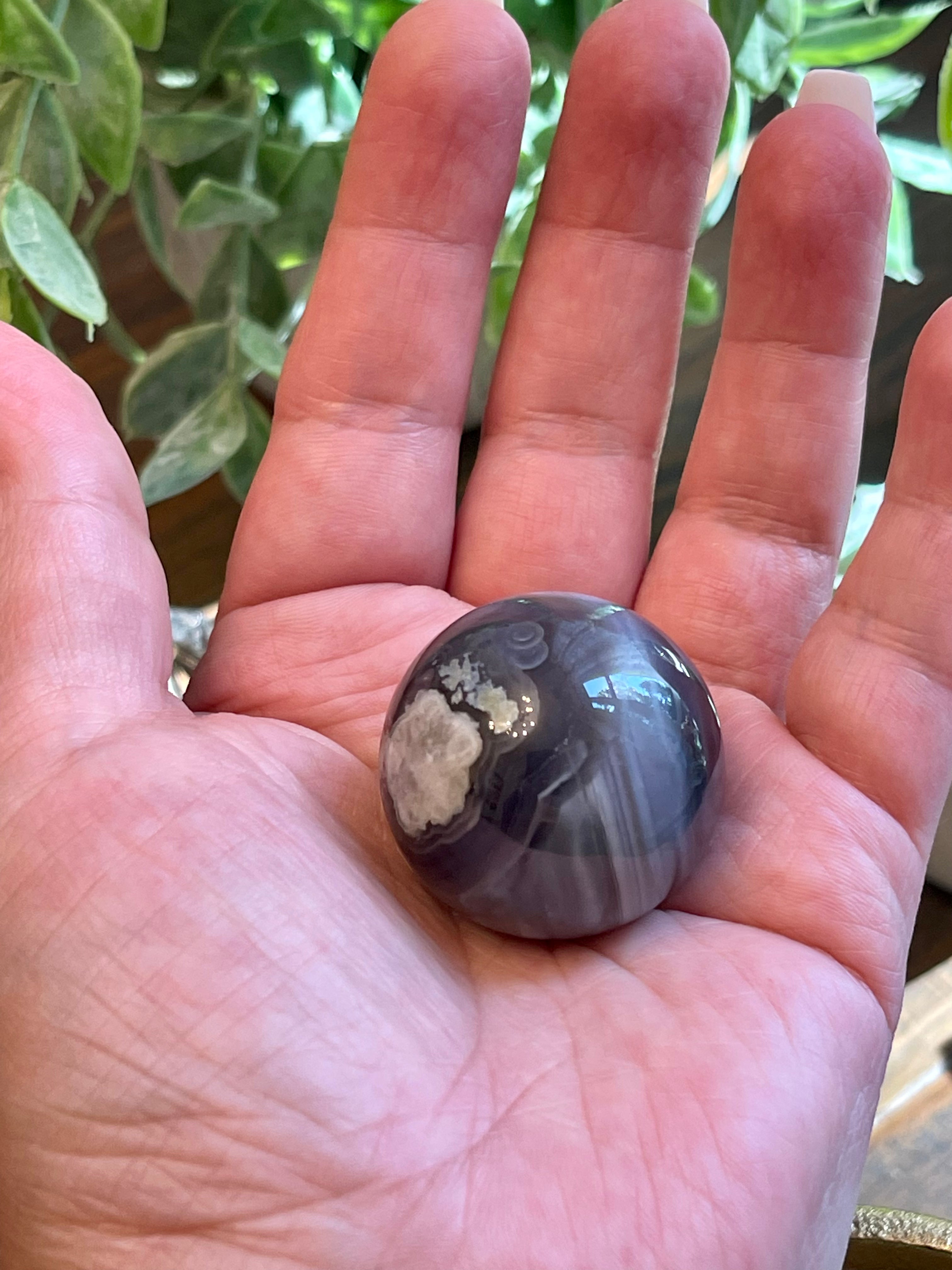 Black Flower Agate Sphere from Madagascar. 32.2mm