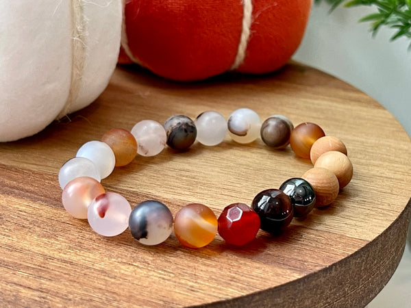 Handmade Montana Agate, Carnelian and Red Tiger's Eye bracelet. 10mm Natural crystal beads.