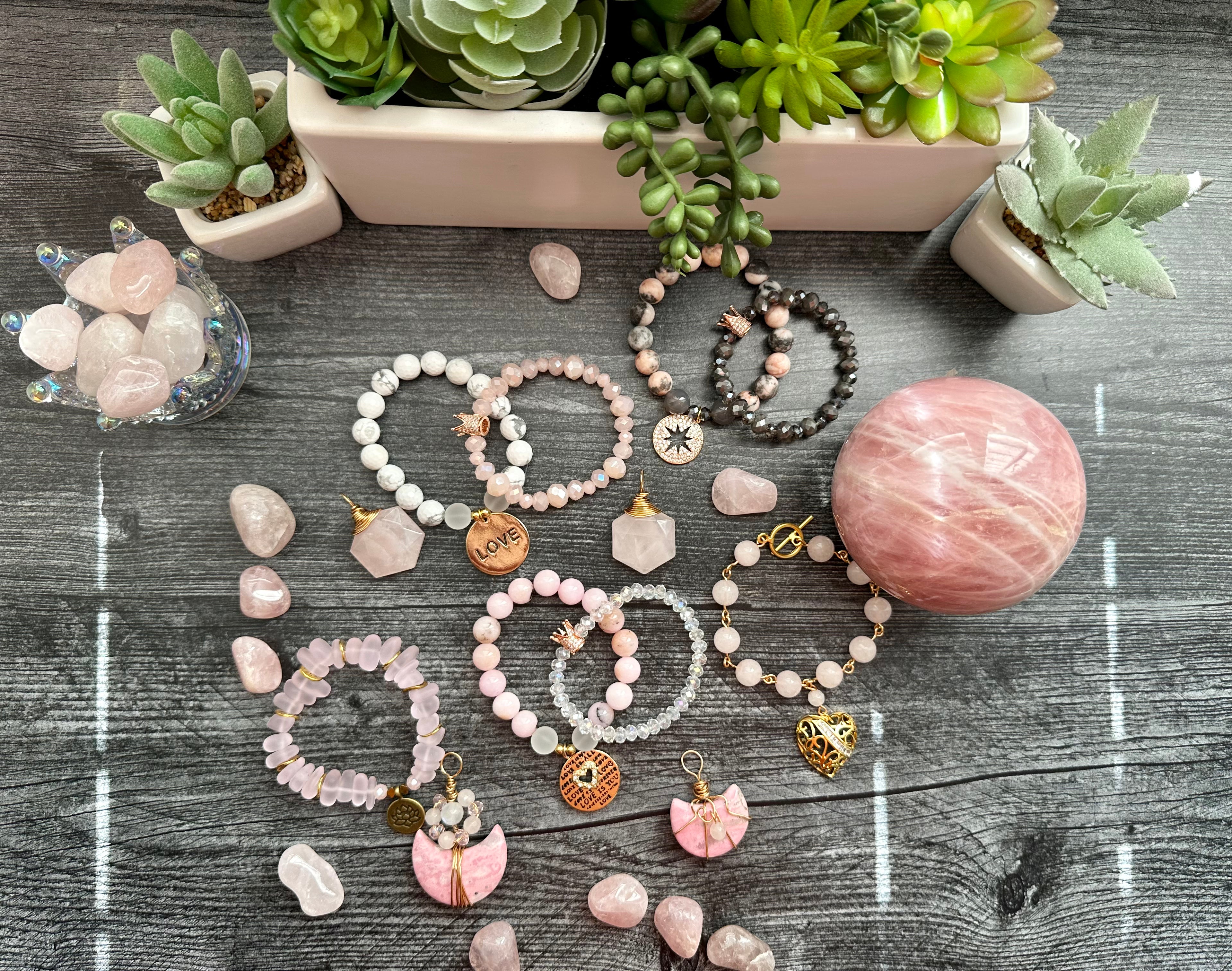 Stacked Crystal Beaded Bracelets in Pink and Grey tones