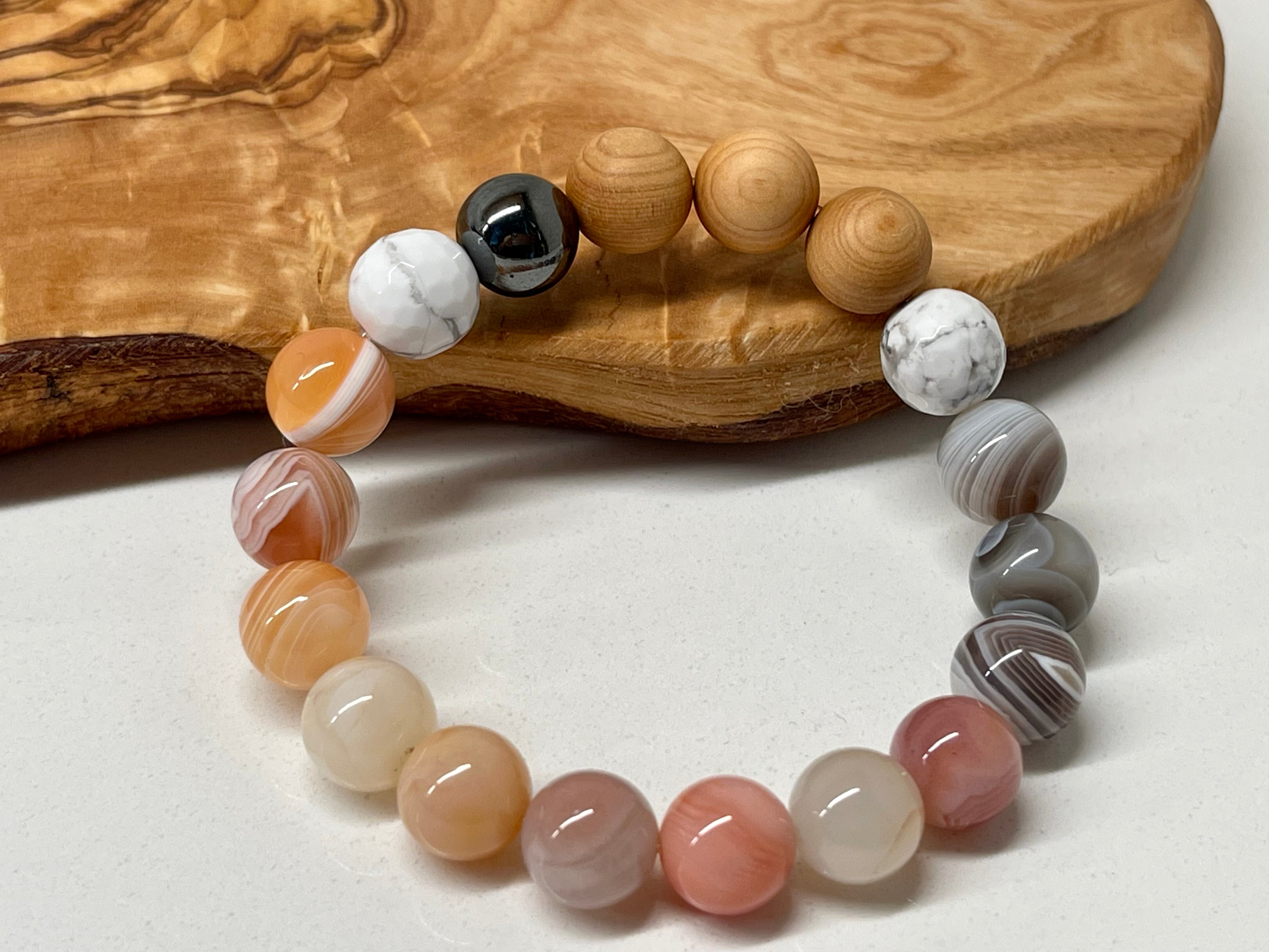 Peach Agate, Hematite, Howlite and Cypress wood Handmade Natural Gemstone Bracelet with 10mm round beads.