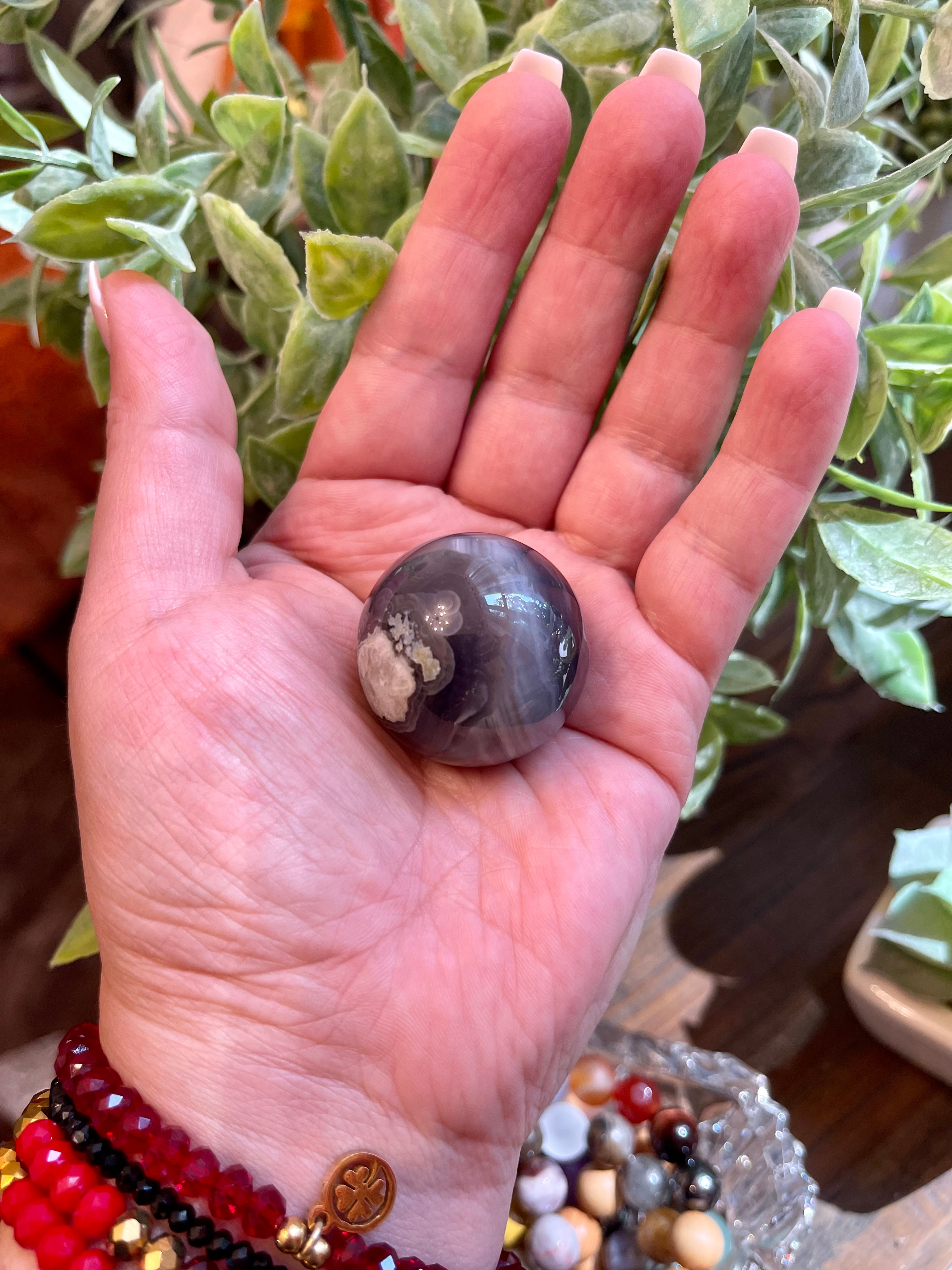 Black Flower Agate Sphere from Madagascar. 32.2mm