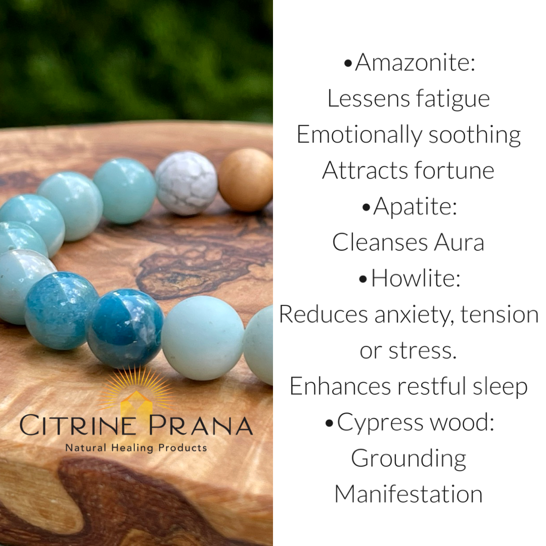 Amazonite, Apatite, Howlite and Cypress wood Handmade Natural Gemstone Bracelet with 10mm round beads.