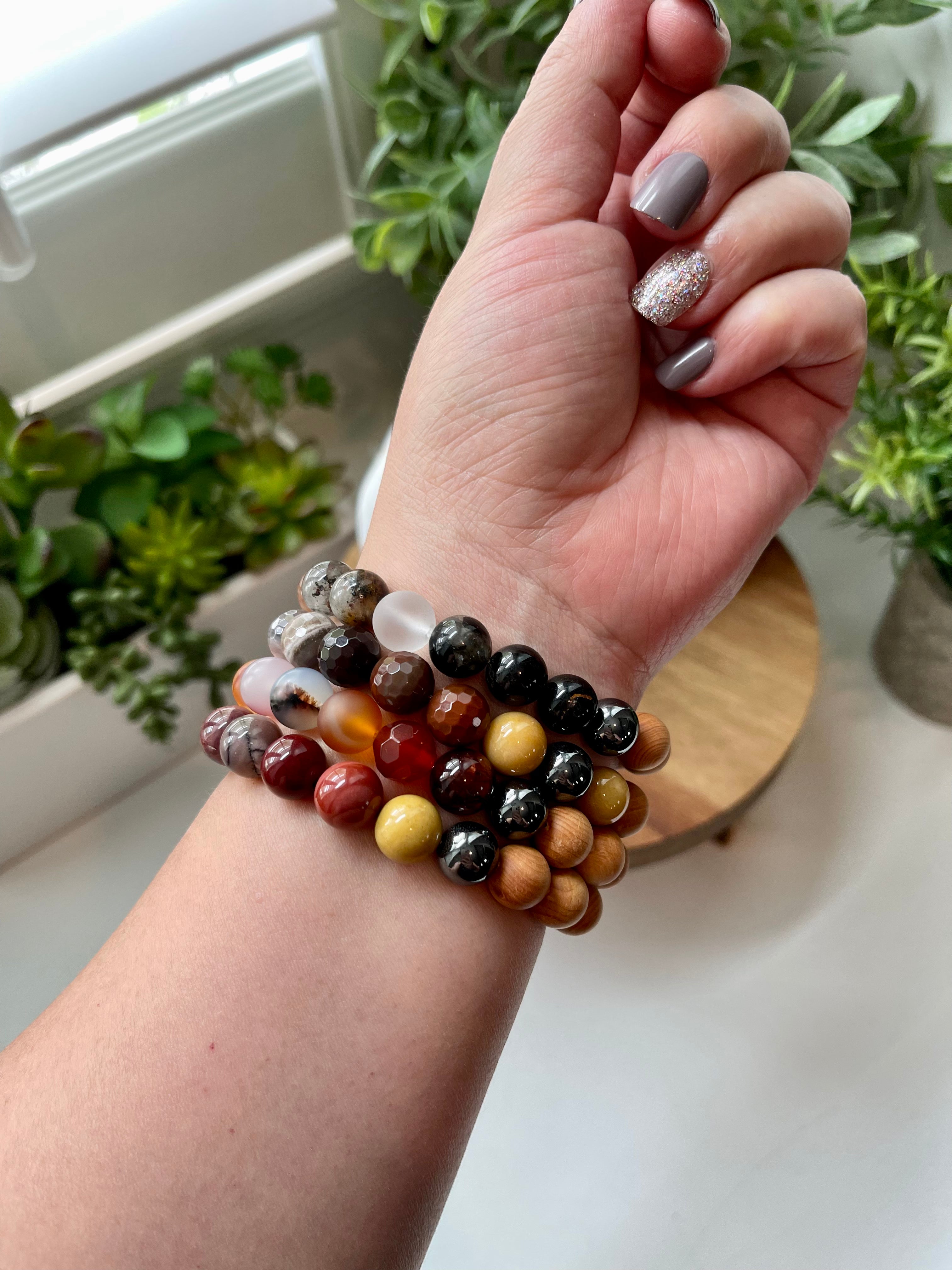 Handmade Petrified wood Jasper bracelet. 10mm Natural crystal beads.