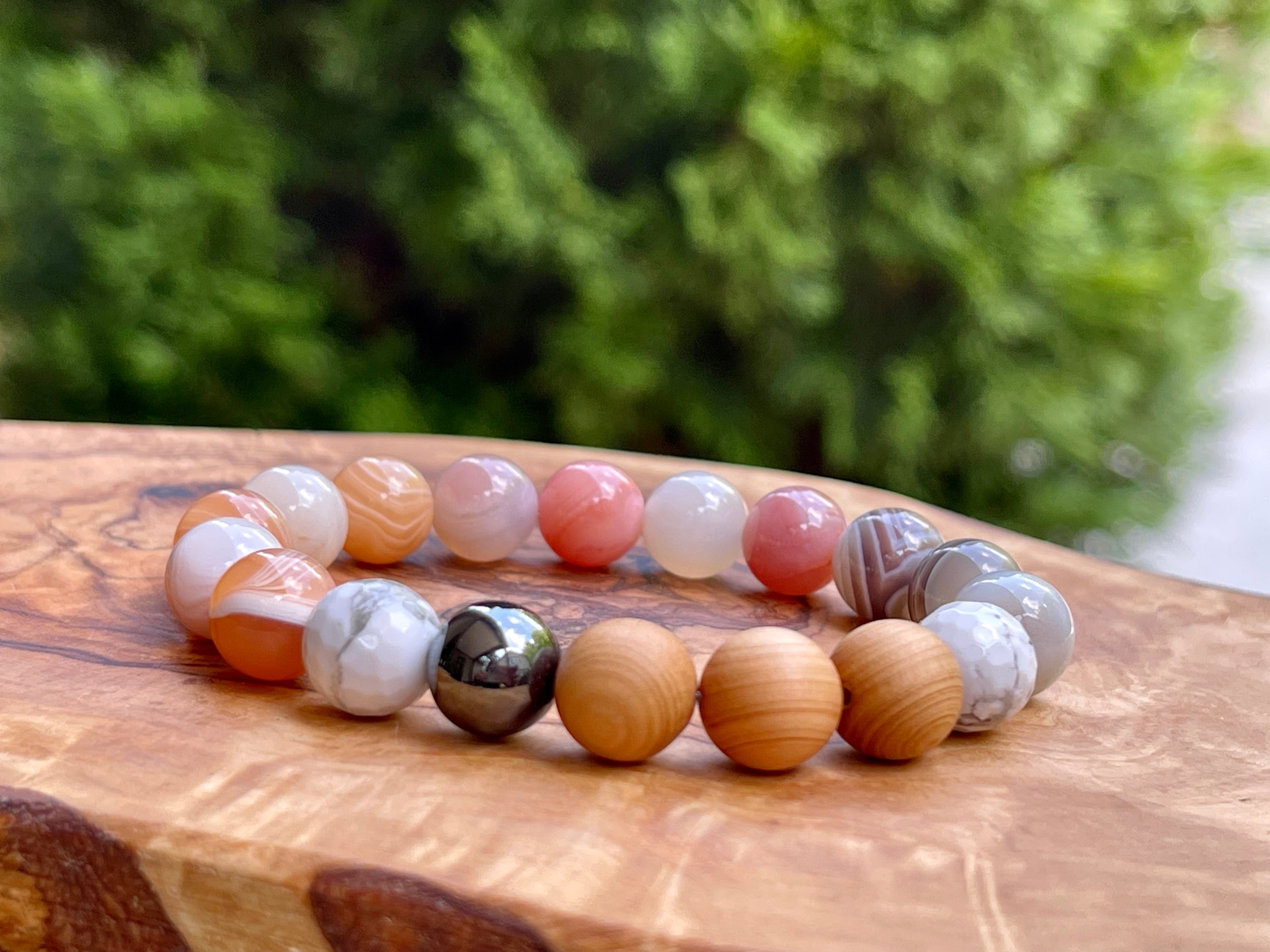 Peach Agate, Hematite, Howlite and Cypress wood Handmade Natural Gemstone Bracelet with 10mm round beads.