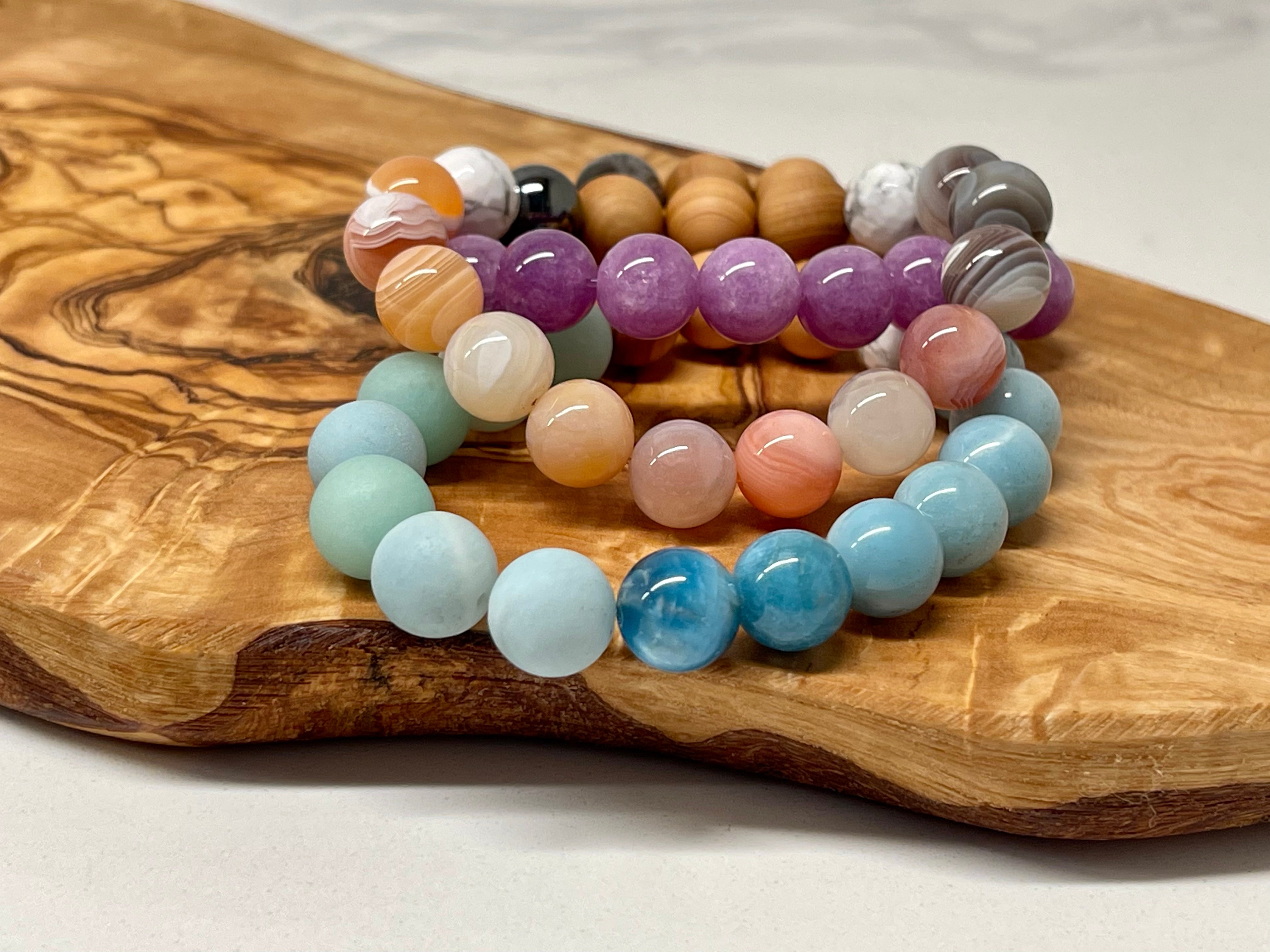 Amazonite, Apatite, Howlite and Cypress wood Handmade Natural Gemstone Bracelet with 10mm round beads.