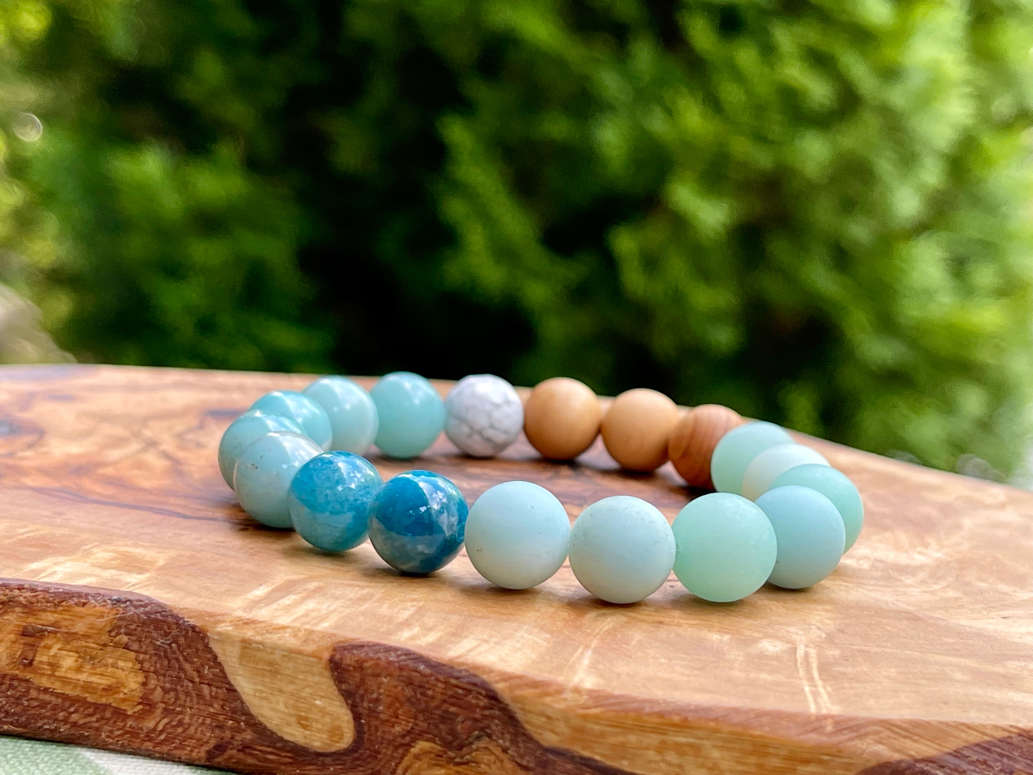 Amazonite, Apatite, Howlite and Cypress wood Handmade Natural Gemstone Bracelet with 10mm round beads.