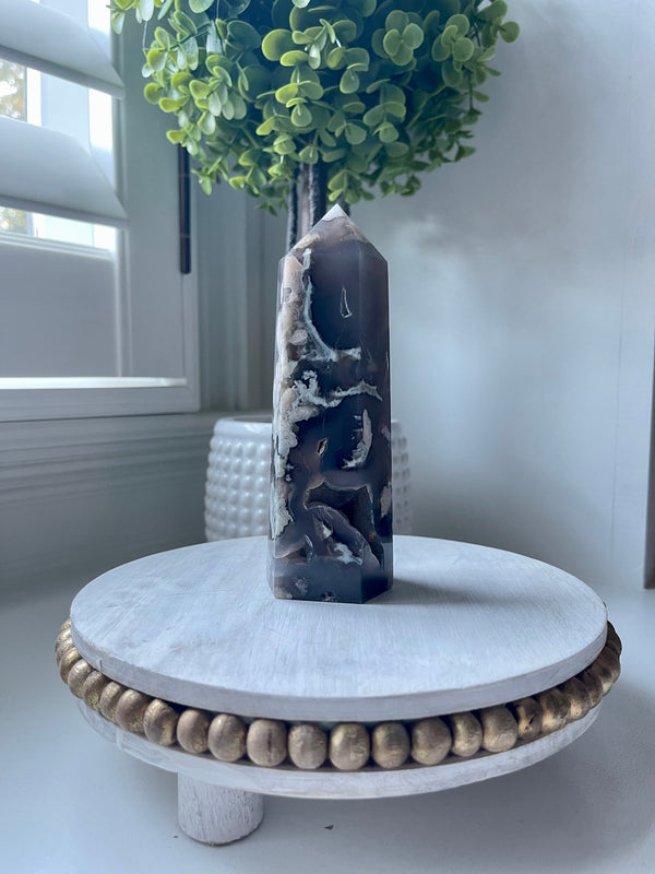 Black Flower Agate tower with Druzy pockets from Madagascar. Gorgeous medium sized tower.