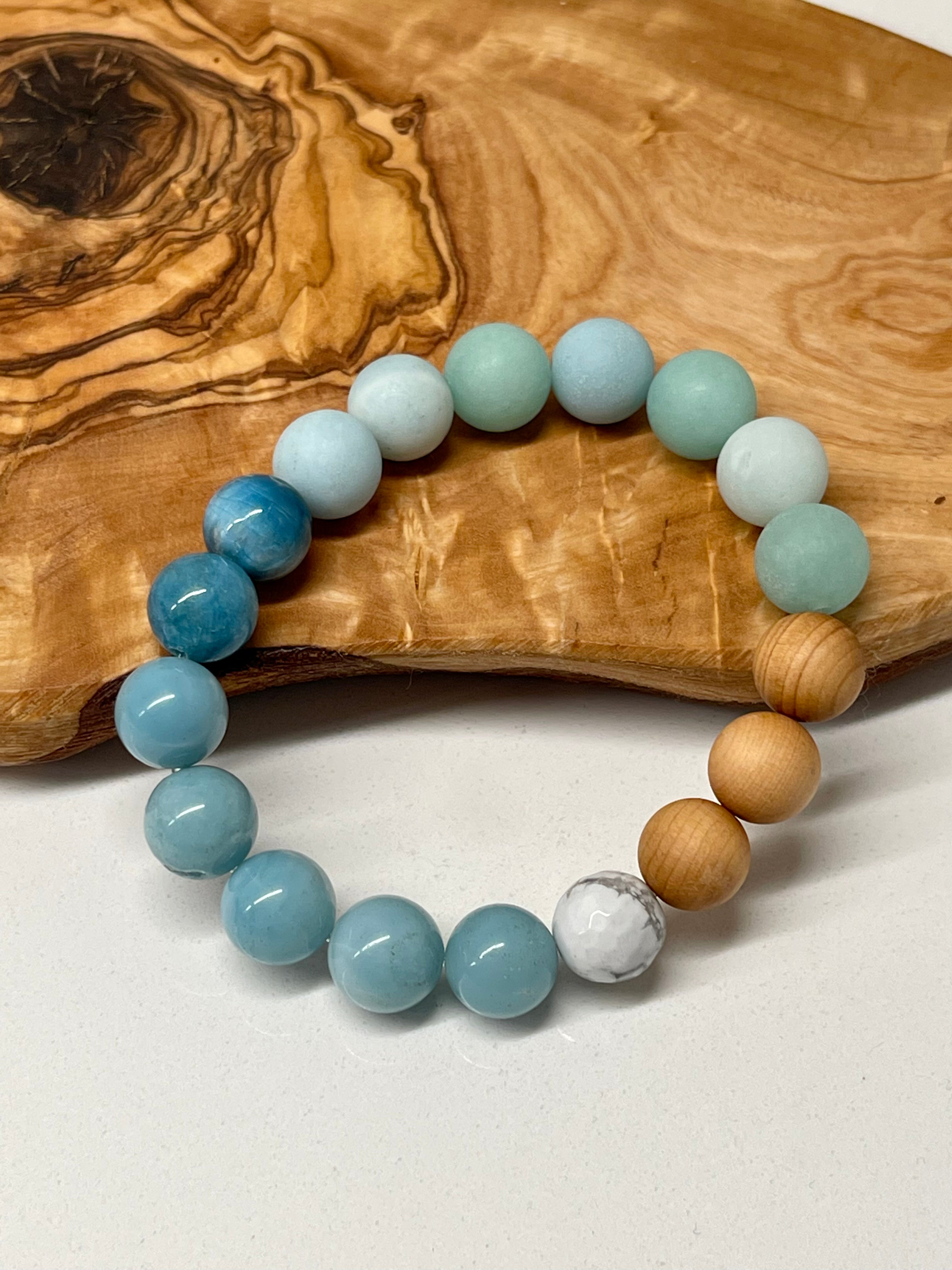 Amazonite, Apatite, Howlite and Cypress wood Handmade Natural Gemstone Bracelet with 10mm round beads.