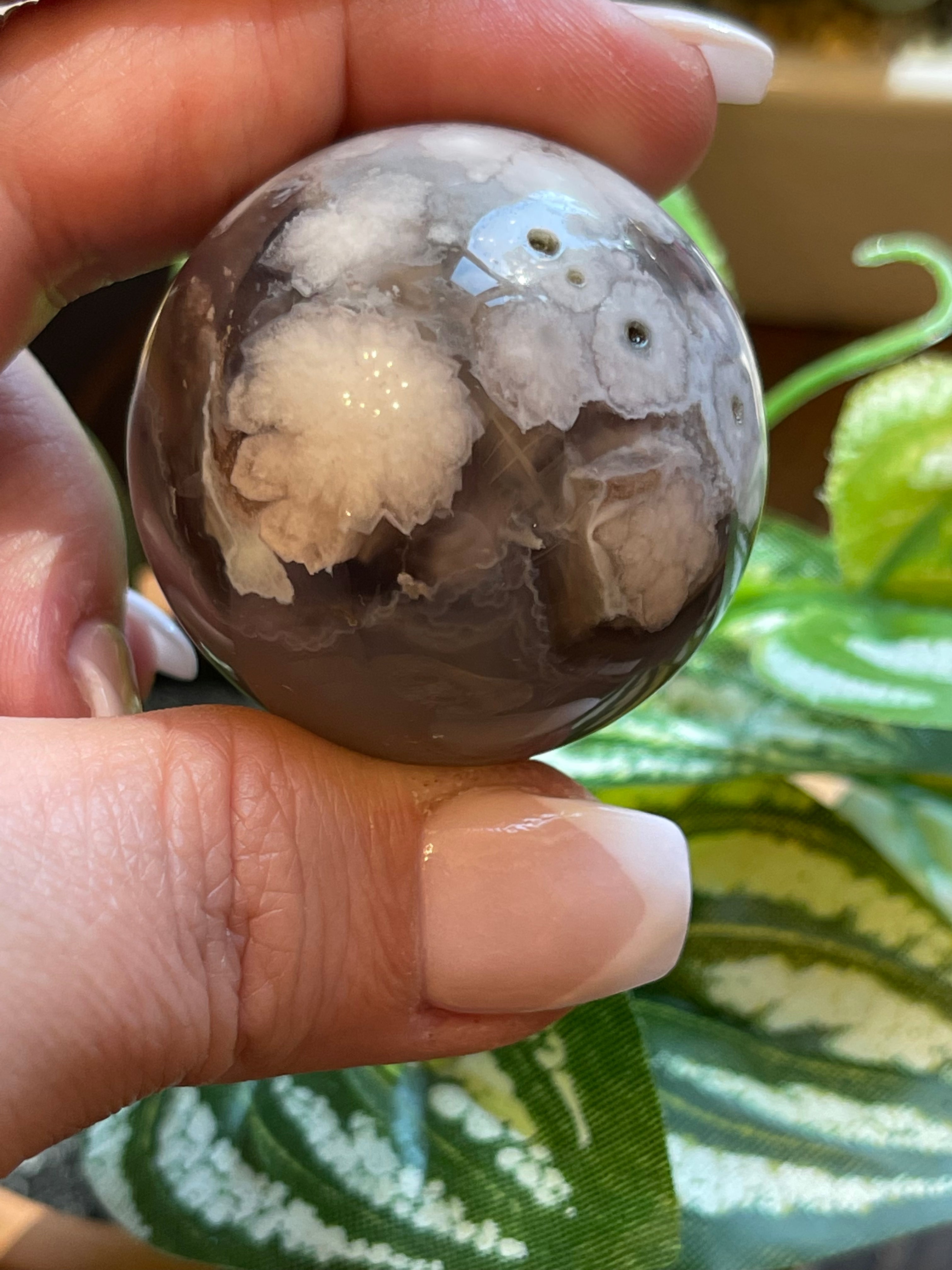 Black Flower Agate Sphere from Madagascar. 38.2mm