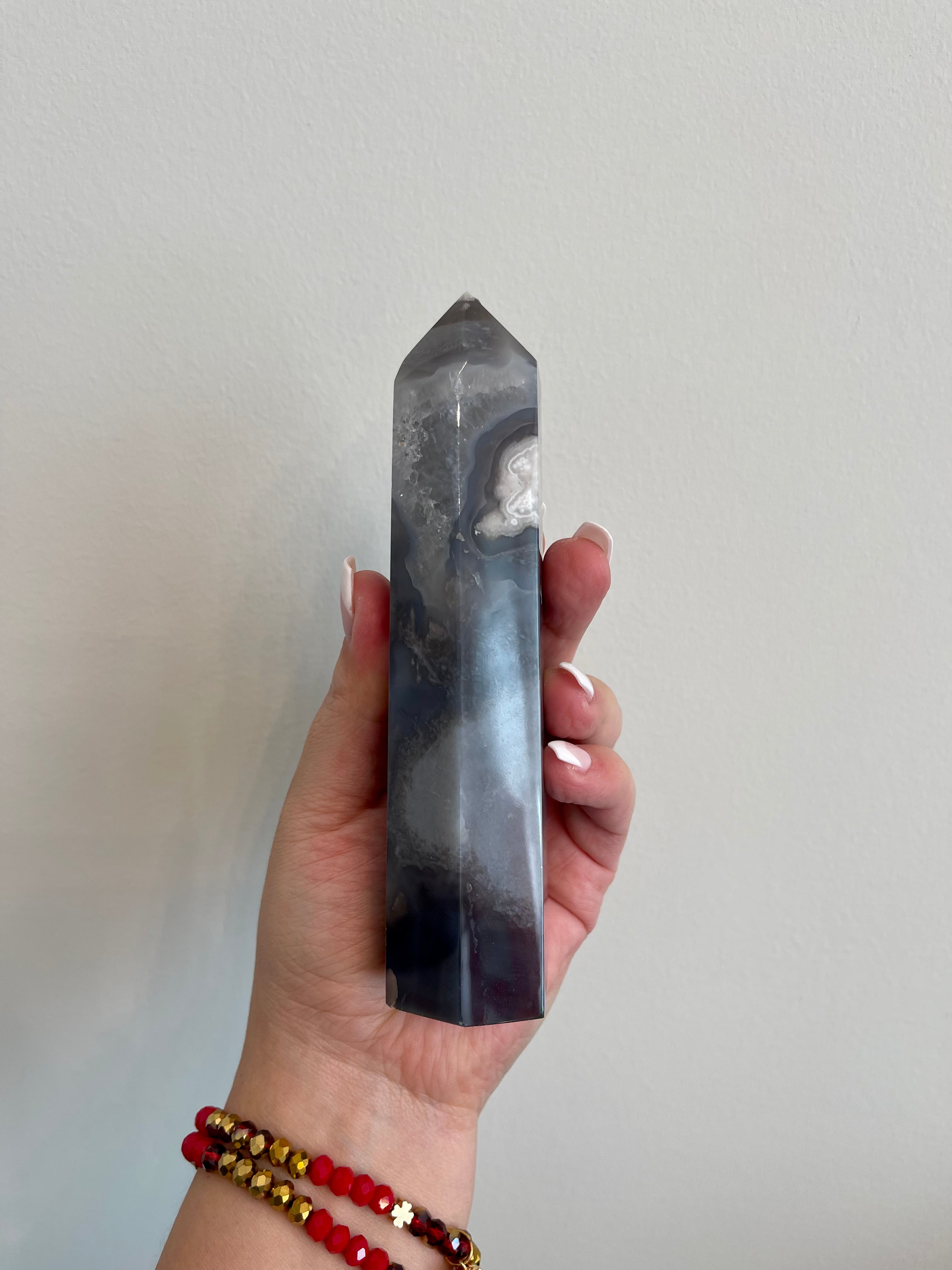 Black Flower Agate tower from Madagascar. Large Flower Agate tower with Druzy.