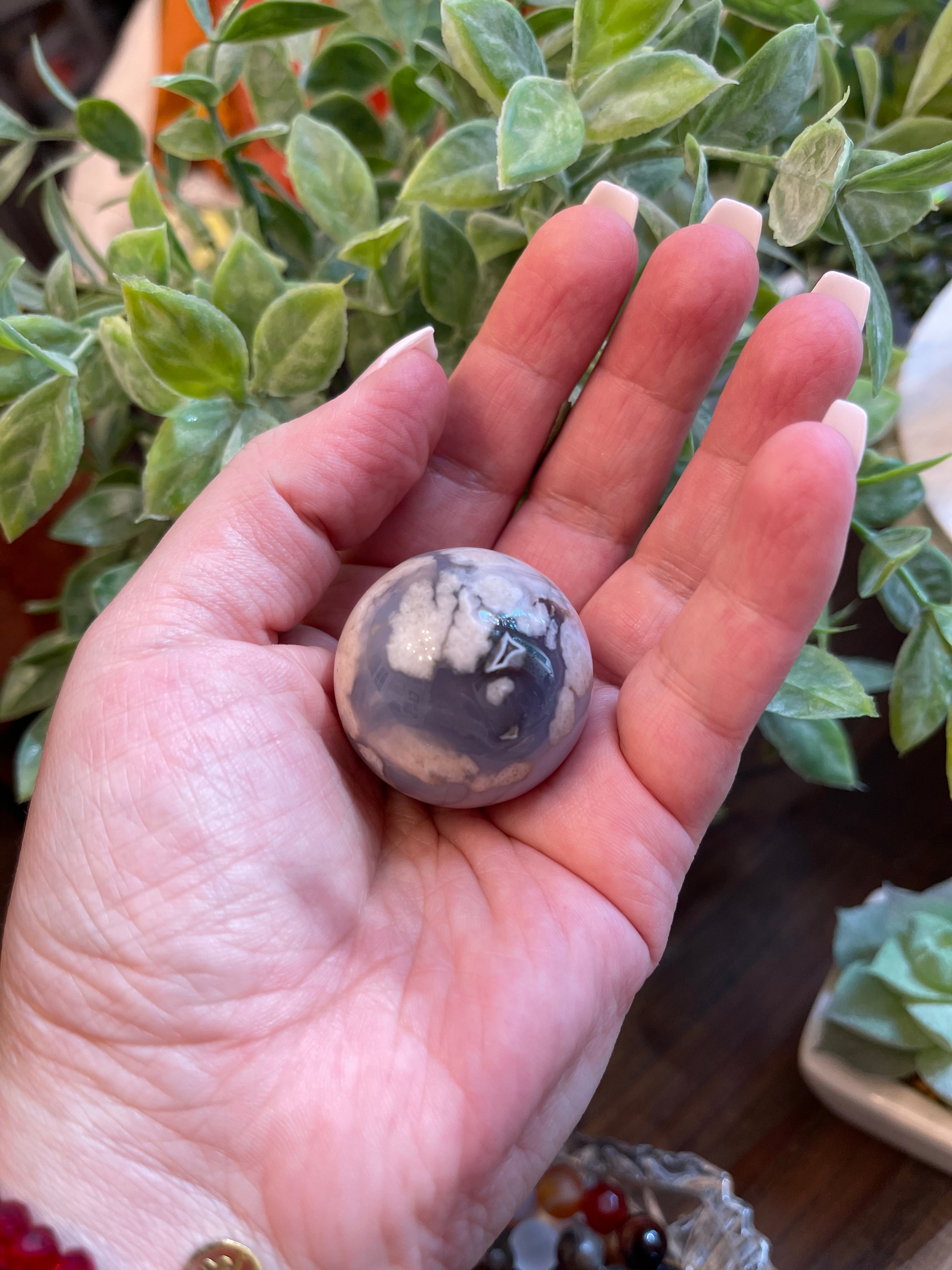 Black Flower Agate Sphere from Madagascar. 34.3mm