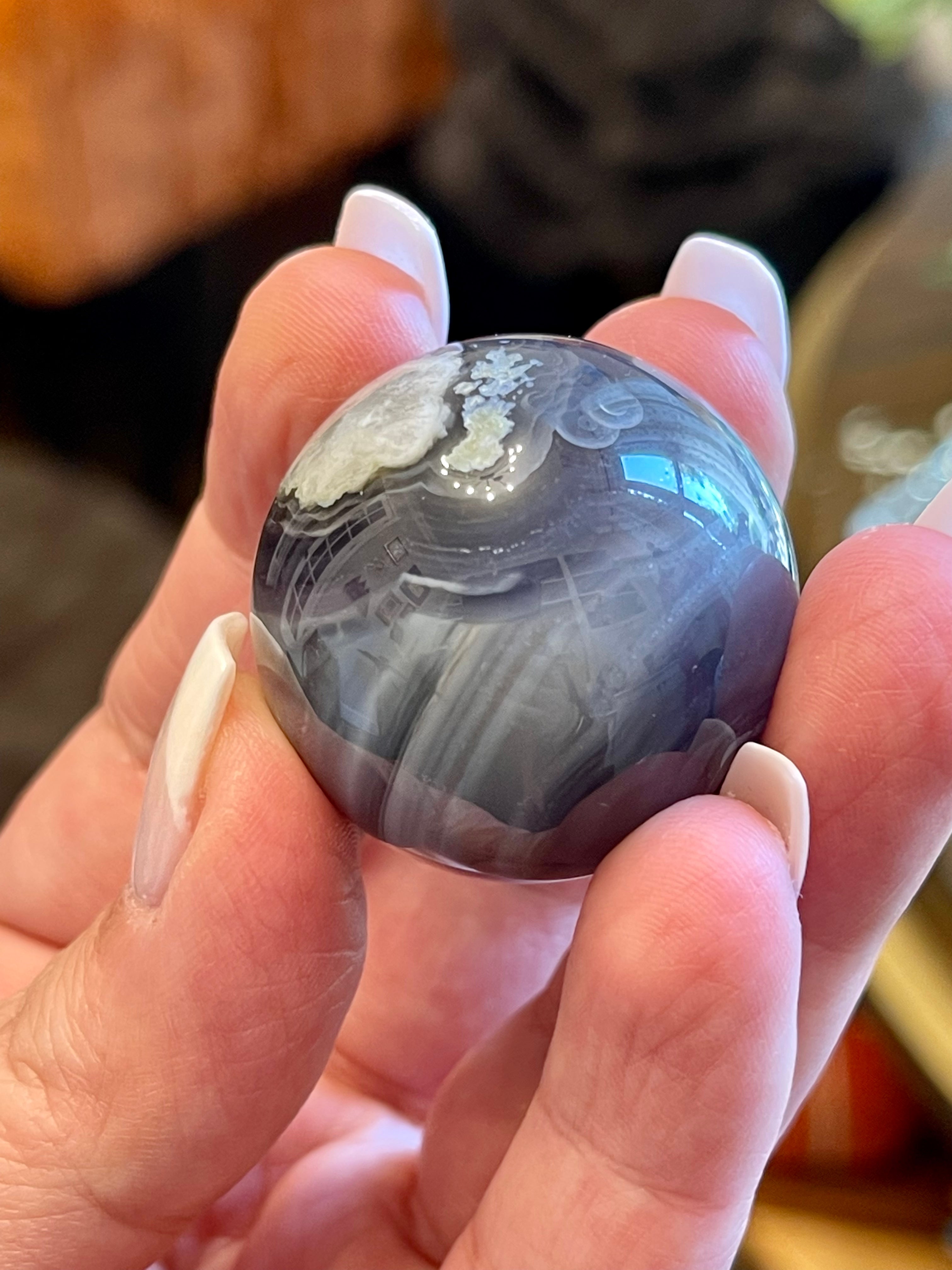 Black Flower Agate Sphere from Madagascar. 32.2mm