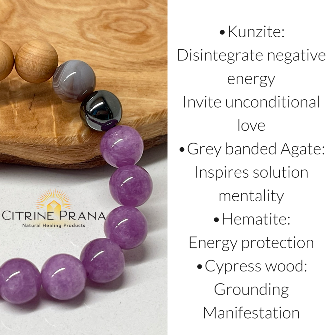 Kunzite, Agate, Hematite and Cypress wood Handmade Natural Gemstone Bracelet with 10mm round beads.