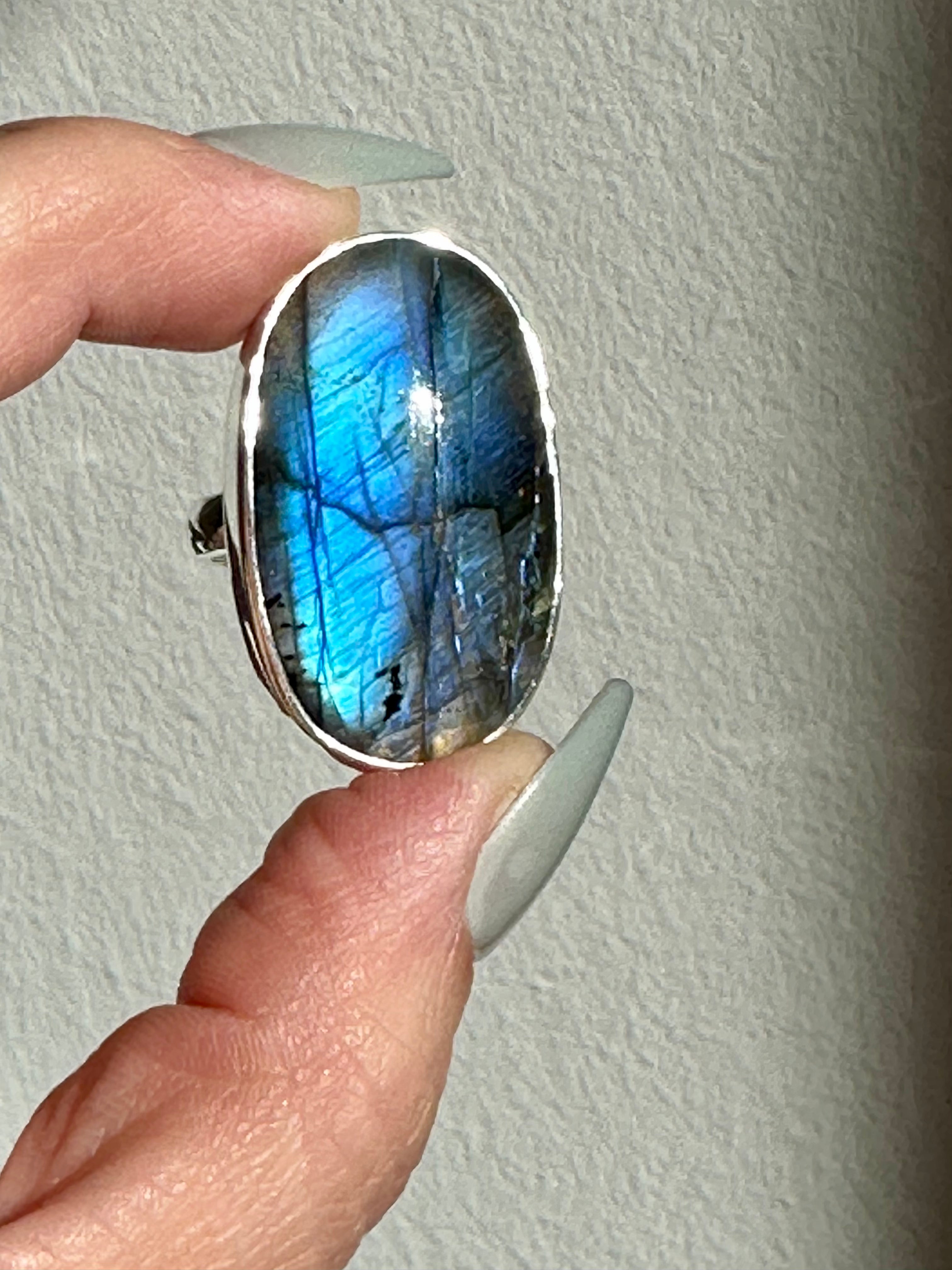 Large oval Blue Labradorite Adjustable Silver Ring