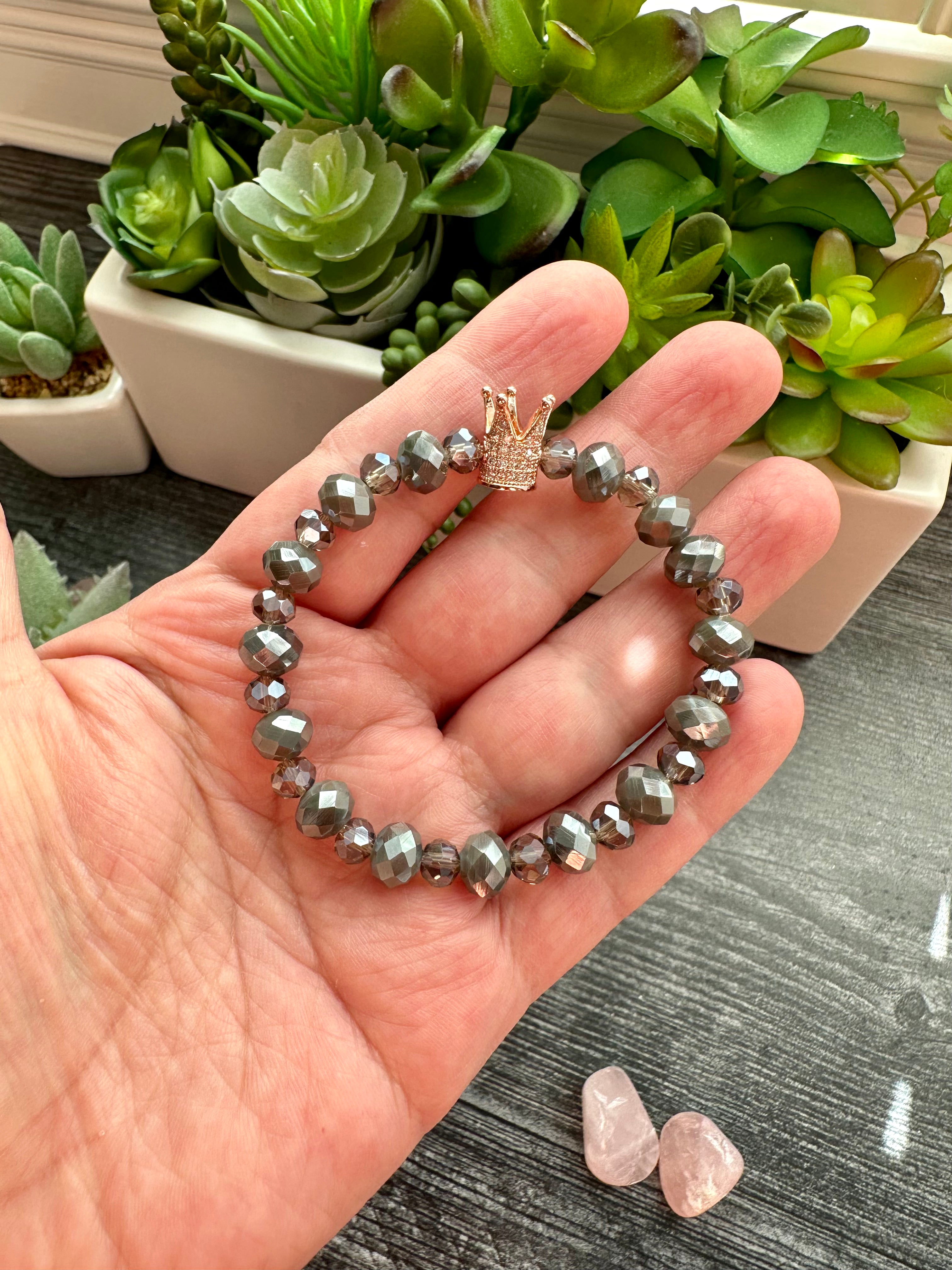 Stacked Crystal Beaded Bracelets in Pink and Grey tones