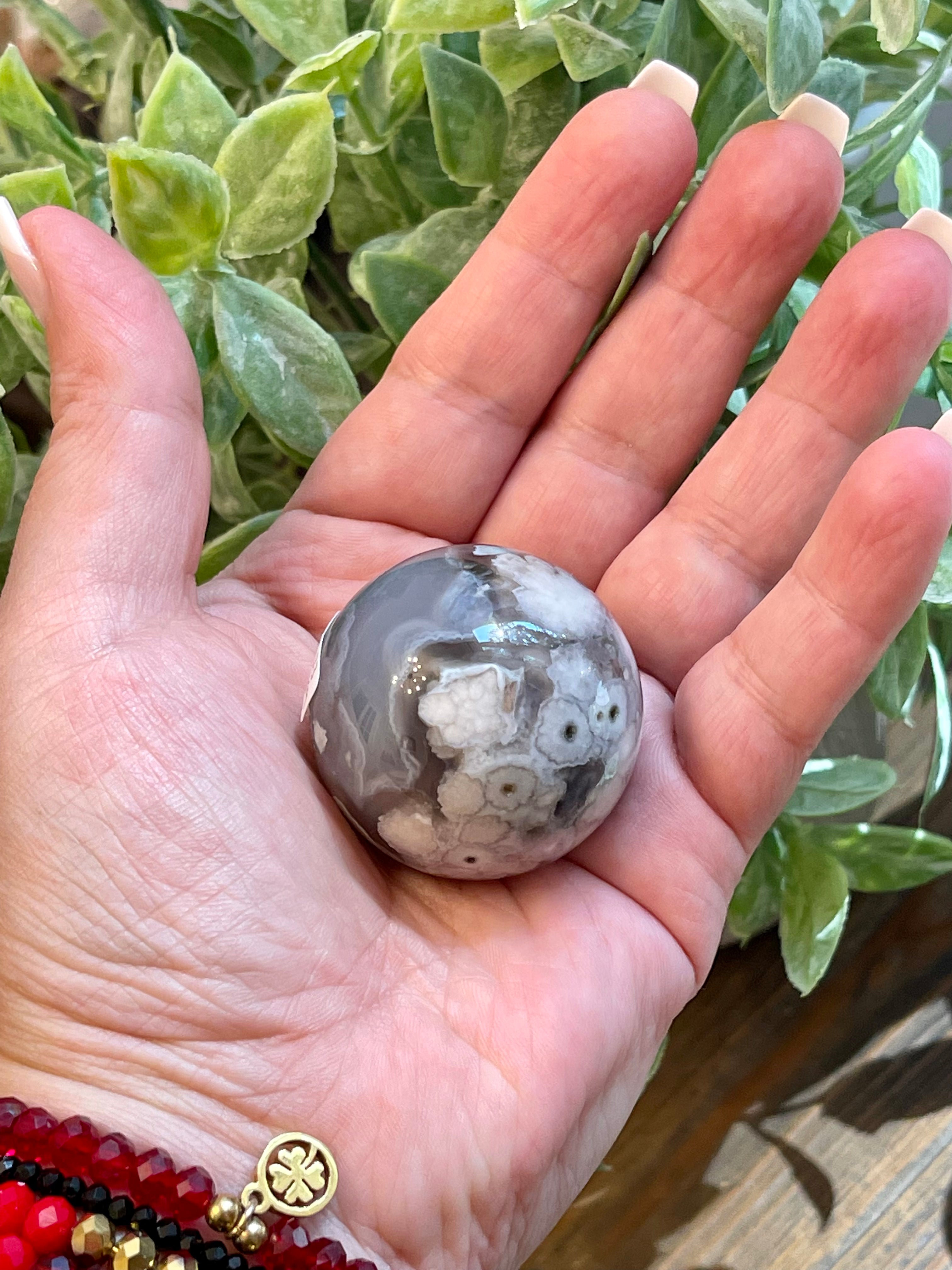 Black Flower Agate Sphere from Madagascar. 38.2mm