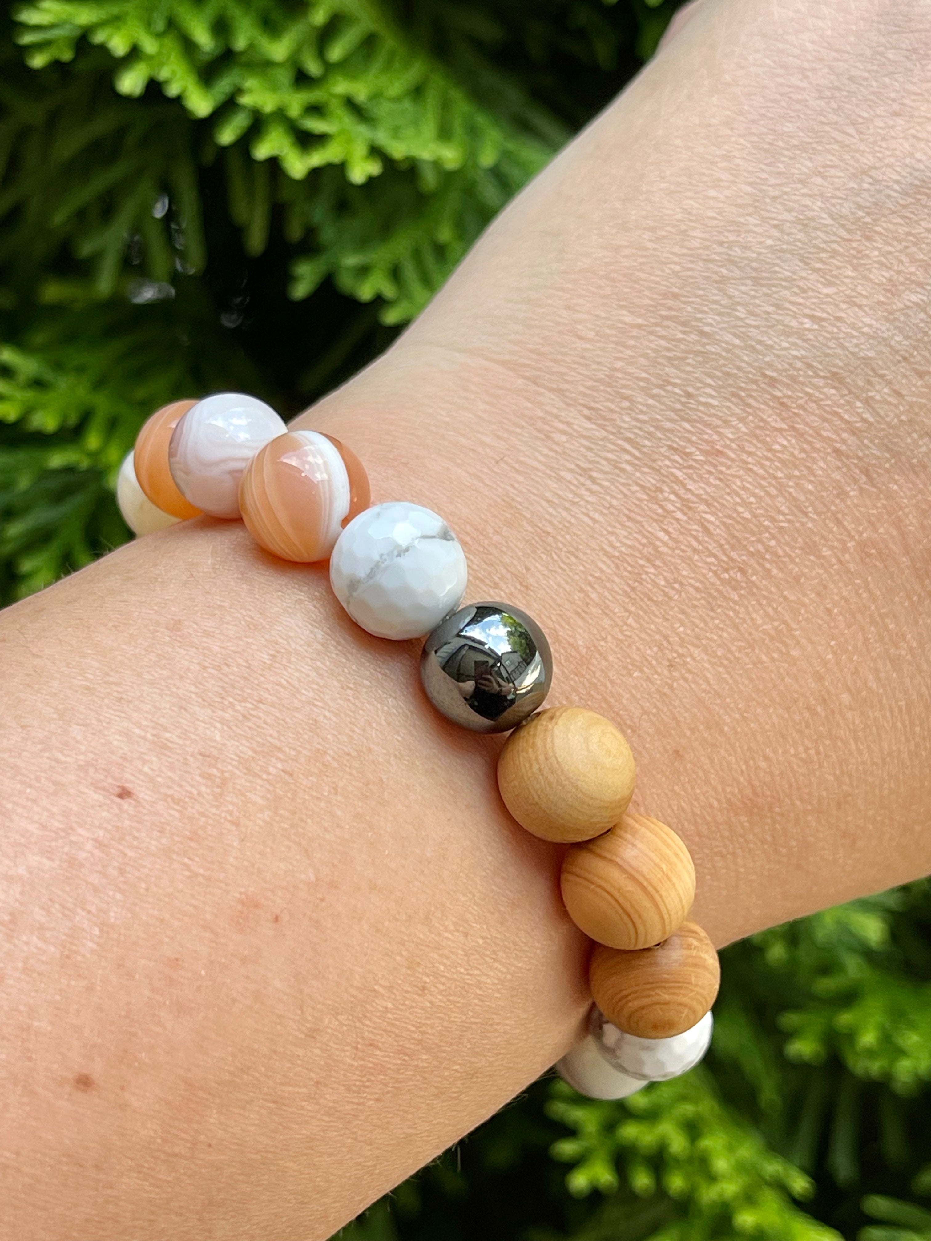 Peach Agate, Hematite, Howlite and Cypress wood Handmade Natural Gemstone Bracelet with 10mm round beads.