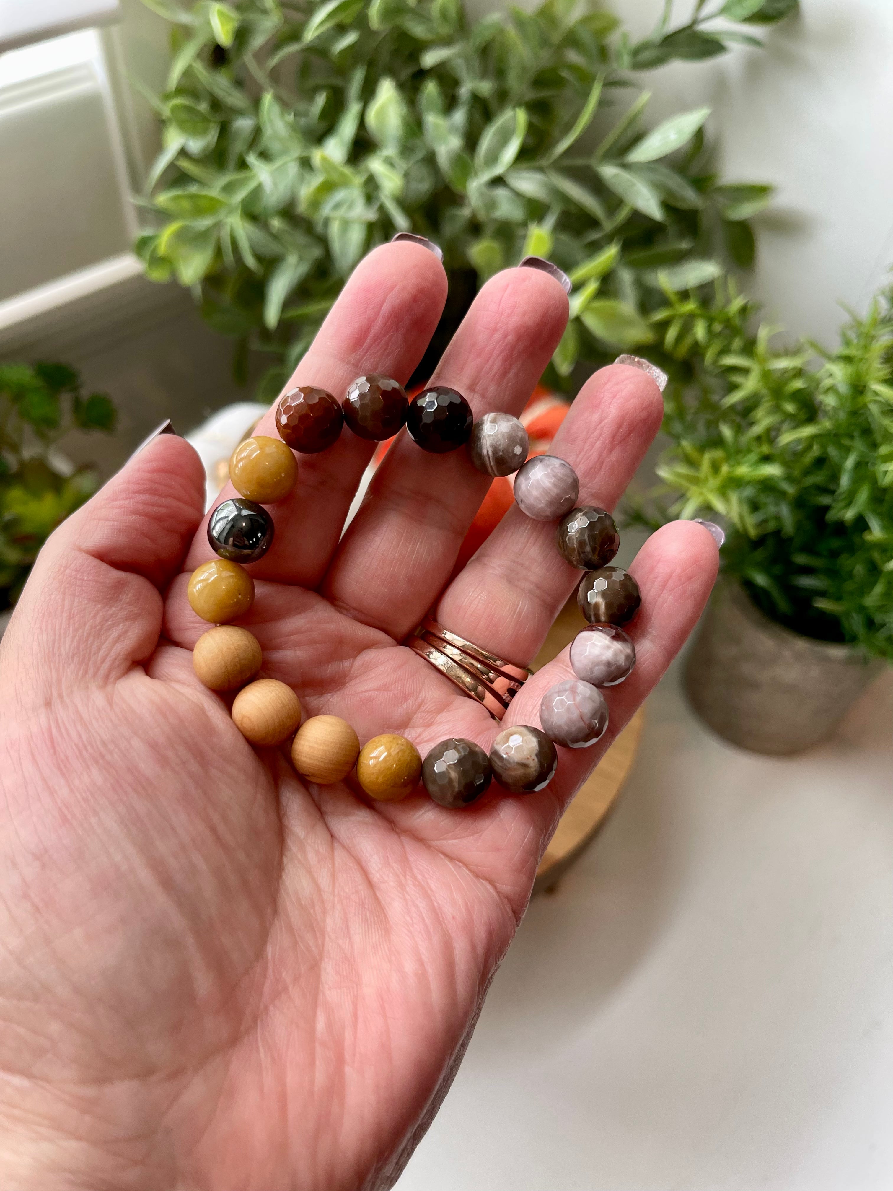 Handmade Petrified wood Jasper bracelet. 10mm Natural crystal beads.