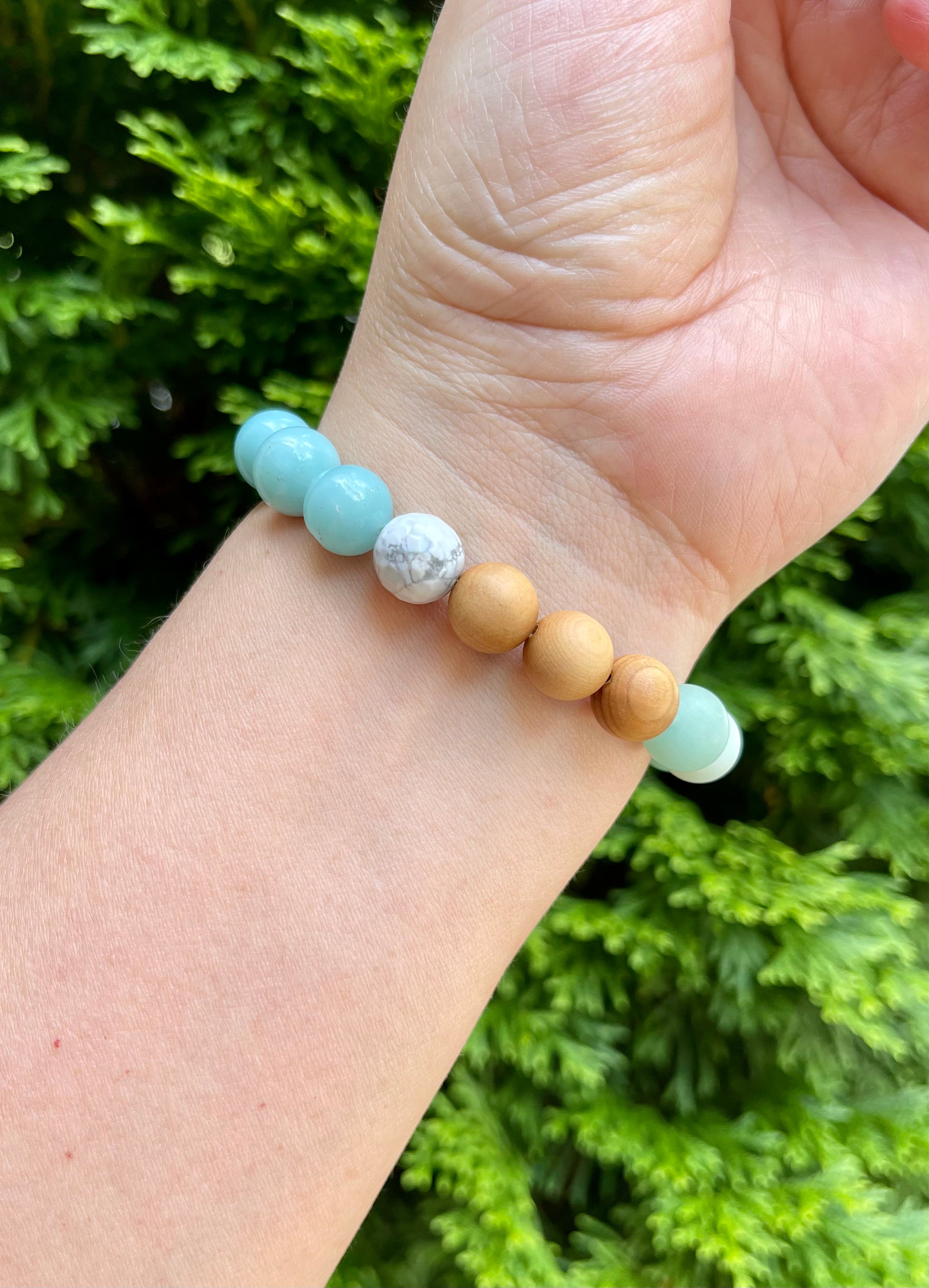 Amazonite, Apatite, Howlite and Cypress wood Handmade Natural Gemstone Bracelet with 10mm round beads.