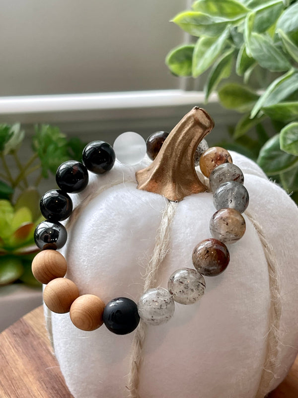 Handmade Phantom Quartz and Tourmaline bracelet. 10mm Natural crystal beads