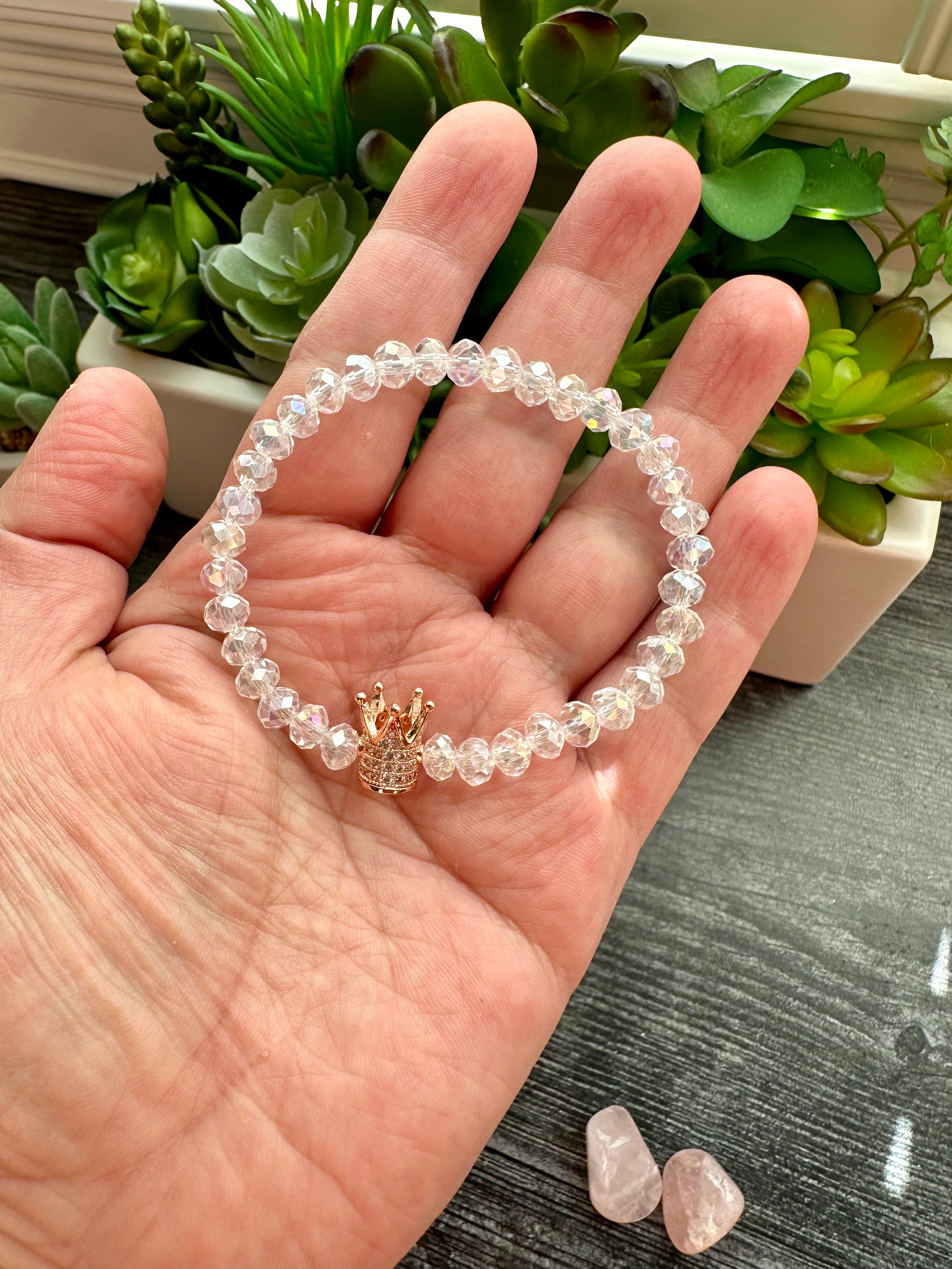 Stacked Crystal Beaded Bracelets in Pink and Grey tones