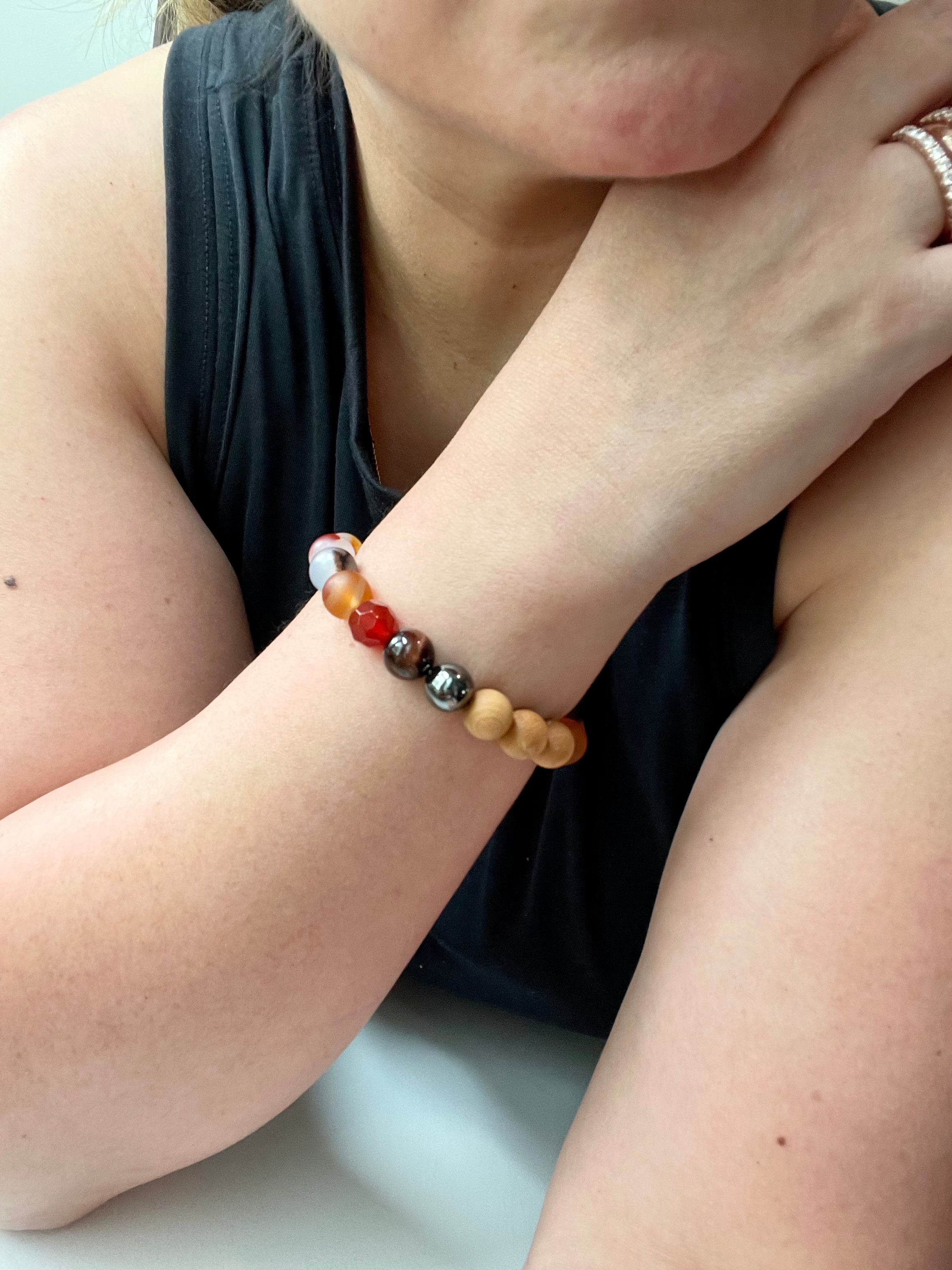 Handmade Montana Agate, Carnelian and Red Tiger's Eye bracelet. 10mm Natural crystal beads.